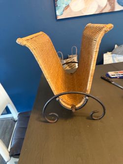 Vintage Boho Chic Wicker & Wrought Iron Scroll Magazine Basket C. 1960s