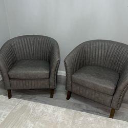 Pair of Gray Tufted Nailhead Armchairs