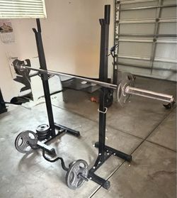 Set: Adjustable Squat Stand Pair, Standard Barbells, EZ-curl barbell, Cast Iron Weight Plates: