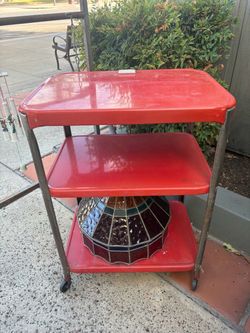 Vintage Red Metal Tray Cart on Wheels