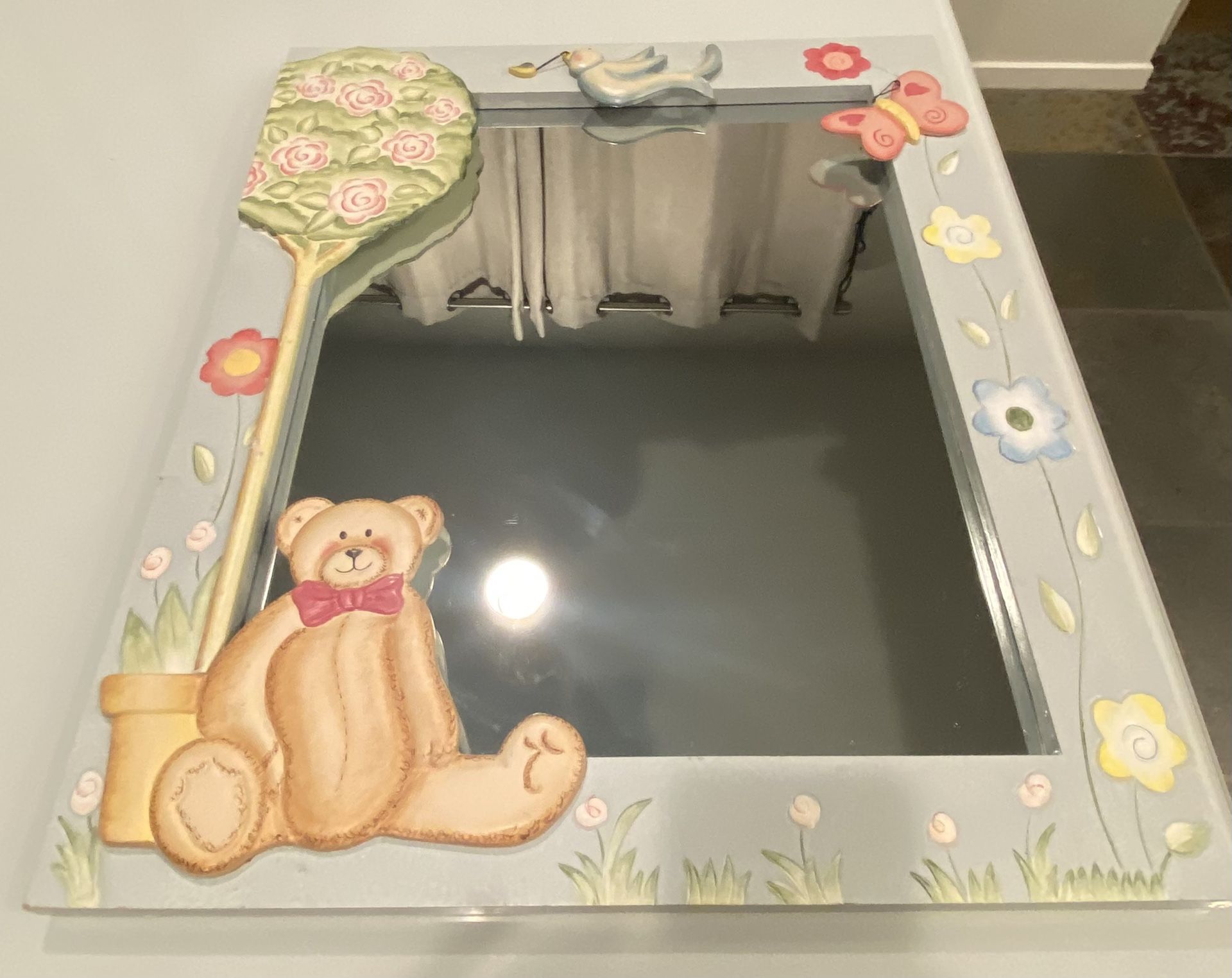 Vintage Home Interiors Kids Bedroom/Playroom Mirror with Teddy Bear and Butterfly 24” x 20”