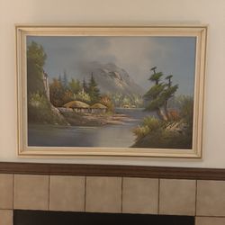 Large Vintage Landscape Painting with Frame