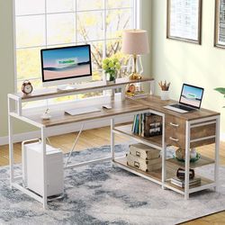 New Reversible L-Shaped Desk, Industrial Corner Desk with Drawer & Shelves, oak