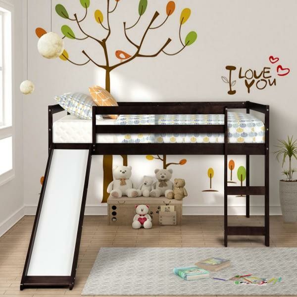 Espresso Wood Twin Loft Bed with a Slide