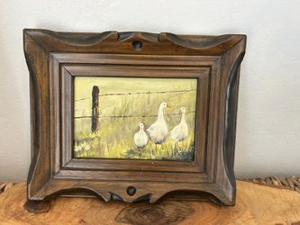 Vintage Wood Carved Hanging Frame Original Oil Painting Ducks Bird Family Cottage Cottage Grandma GrandMillennial Artwork Mid Century charming 