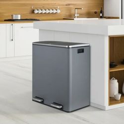 16 Gallon Dual Trash Can, Rectangular Step On Kitchen Garbage Can with Foot Pedal, Stainless Steel