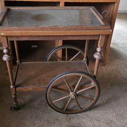 Antique Vintage Wood & Glass TEA CART Serving Cart on WHEELS 