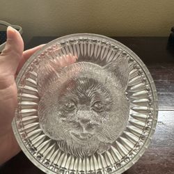 Antique Child's Crystal Clear Glass Cat Plate Bowl, EAPG, Columbia Glass Ohio 