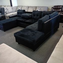 New Black Velvet Reversible Sectional With Storage Ottoman And Free Delivery