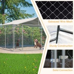 Heavy Duty Outdoor Dog Kennel 14.8x14.8x7.6 ft, Galvanized Chain Link Playpen with Waterproof Anti-UV Cover, Secure Lock, Large Exercise Pen for Puppy