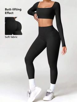 Womens Workout Sets 2 Piece - Seamless Yoga Outfits Long Sleeve Square Neck Black High Waist Leggings Butt Lifting Gym Set Women Outfits