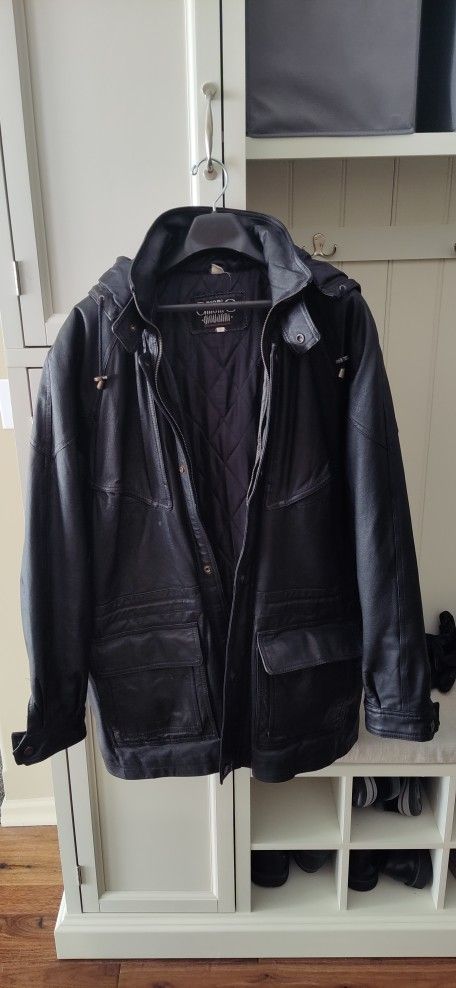 Men's Leather Hooded Coat XL