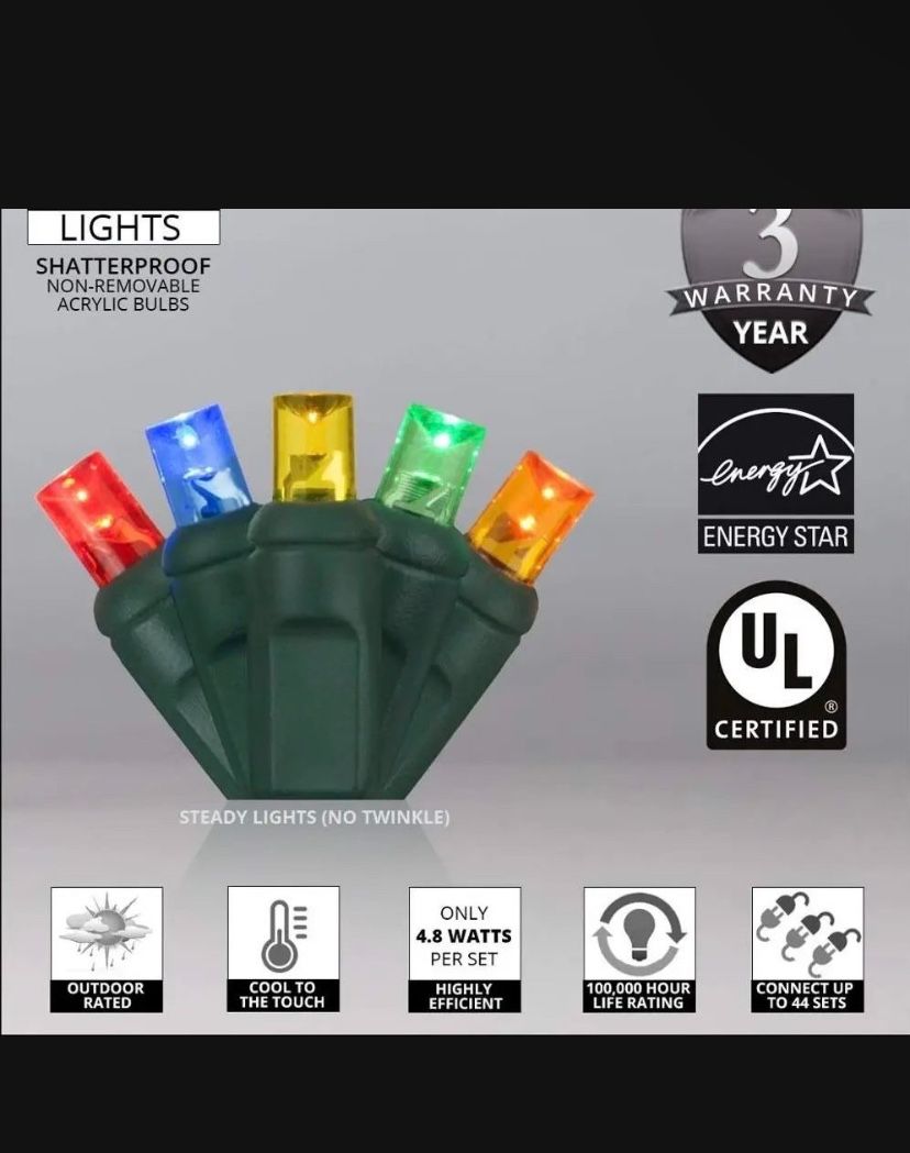 LED Christmas lights New In Package. Multi Color And White White. 50 bulbs per strand. Each strand is 25 feet long.