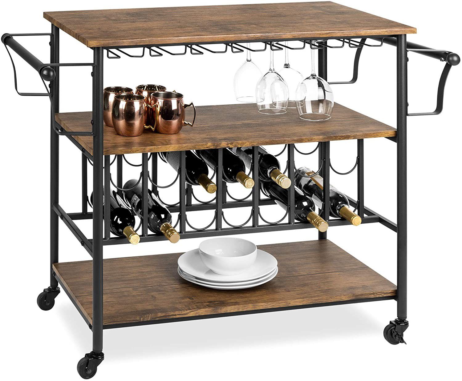 45" Industrial Wood Shelf Bar and Wine Service Cart with Bottle & Glass Racks, Locking Wheels