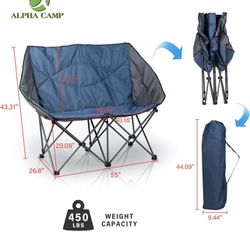 Oversized Camping Chair Double Folding Chair Heavy Duty Loveseat Camp Chair 2 Person Support 450 LBS for Adults Outdoor Blue