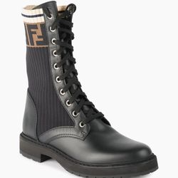 Fendi  Rockoko Leather & Knit Combat Boots 