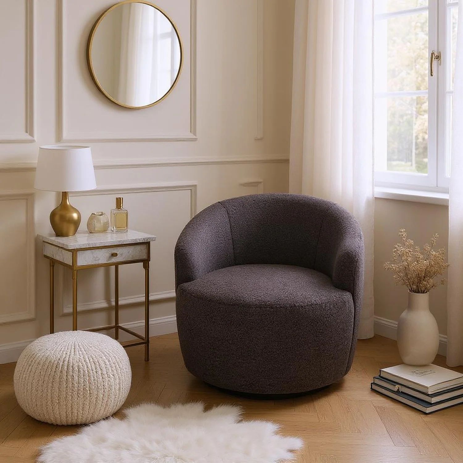 Homy Casa · Denali Teddy Fabric Swivel Accent Armchair · 25″ Cozy Design