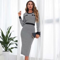 New Black & White Stretch Long Sleeve Houndstooth Sweater Dress sz L