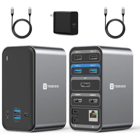 USB C Docking Station Dual Monitor, 13-in-1 Laptop Docking Station with Dual HDMI, DP, 65W Power Supply, 7 USB Ports,Gigabit Ethernet and Audio, Unive