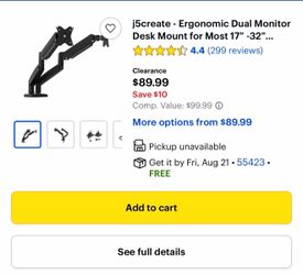 j5create - Ergonomic Dual Monitor Desk Mount for Most 17" -32"... 5๘๘