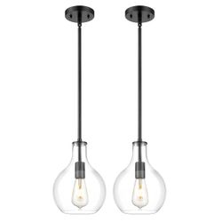 2 Pack Pendant Lights Kitchen Island, 8 Inch Black Pendant Light Fixtures With Clear Glass, Modern