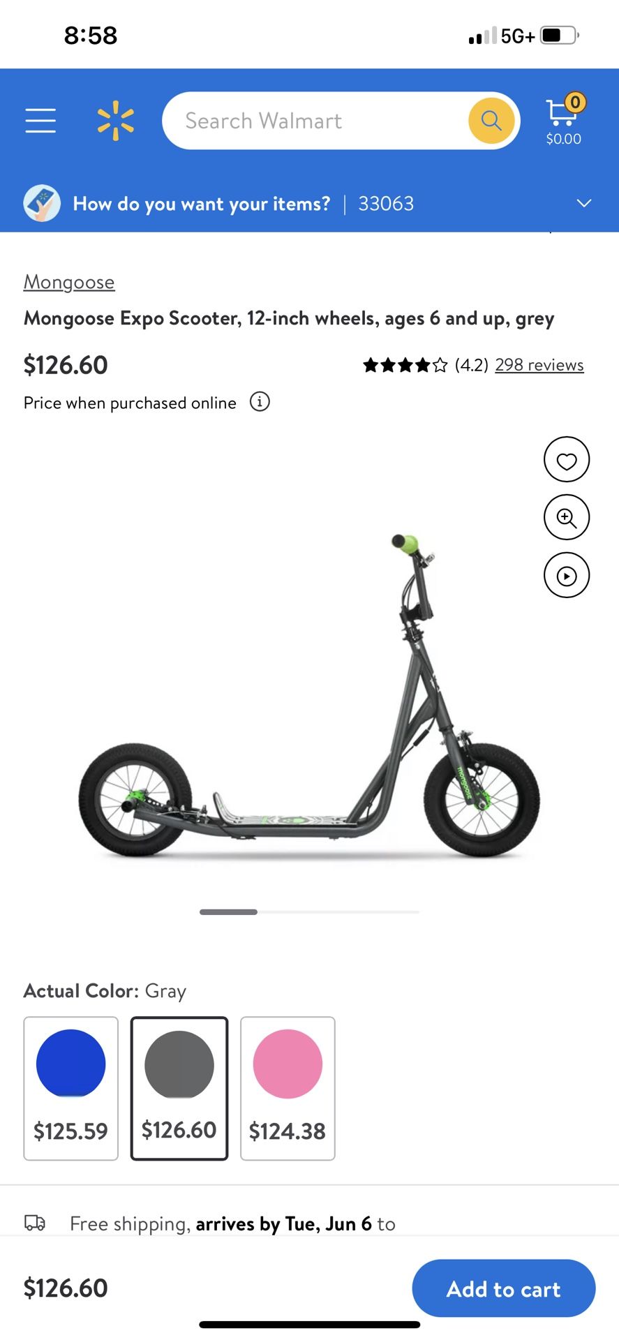 Mongoose Expo Scooter, 12-inch wheels, ages 6 and up, grey