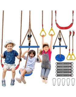 3pcs Kids Outdoor Swing Set W/ Adjustable Ropes Disc & Ring Hangers Trapeze Bar