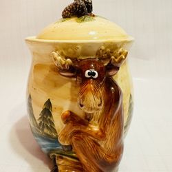 Moose Cookie Jar vintage With Pine Cone Lid And 3D Moose Bullwinkle Look Figure
