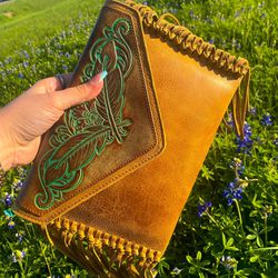 Vintage Feather Tooled Clutch/Crossbody