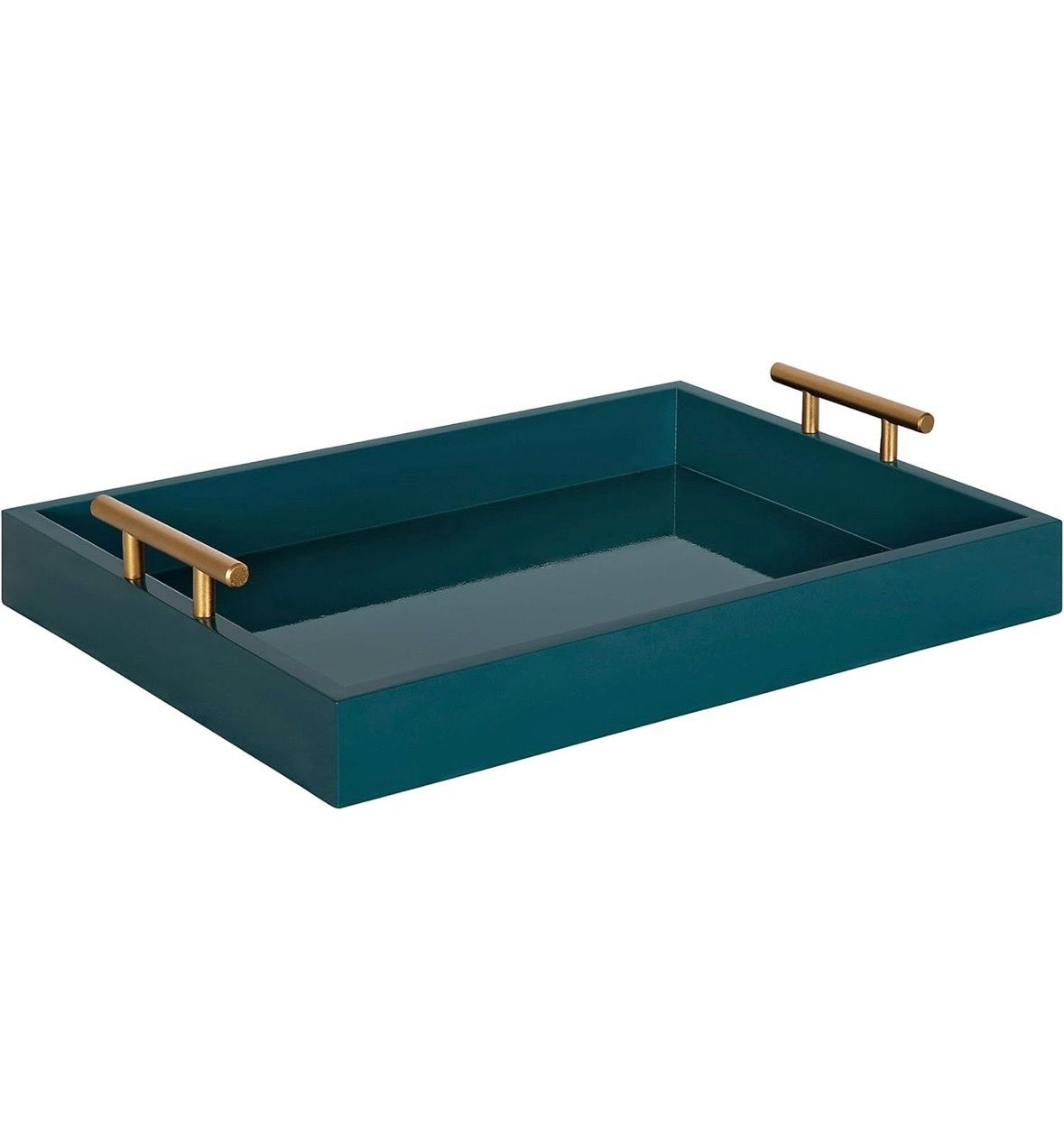 Teal Decorative Wood Tray with Brushed Gold Metal Handles