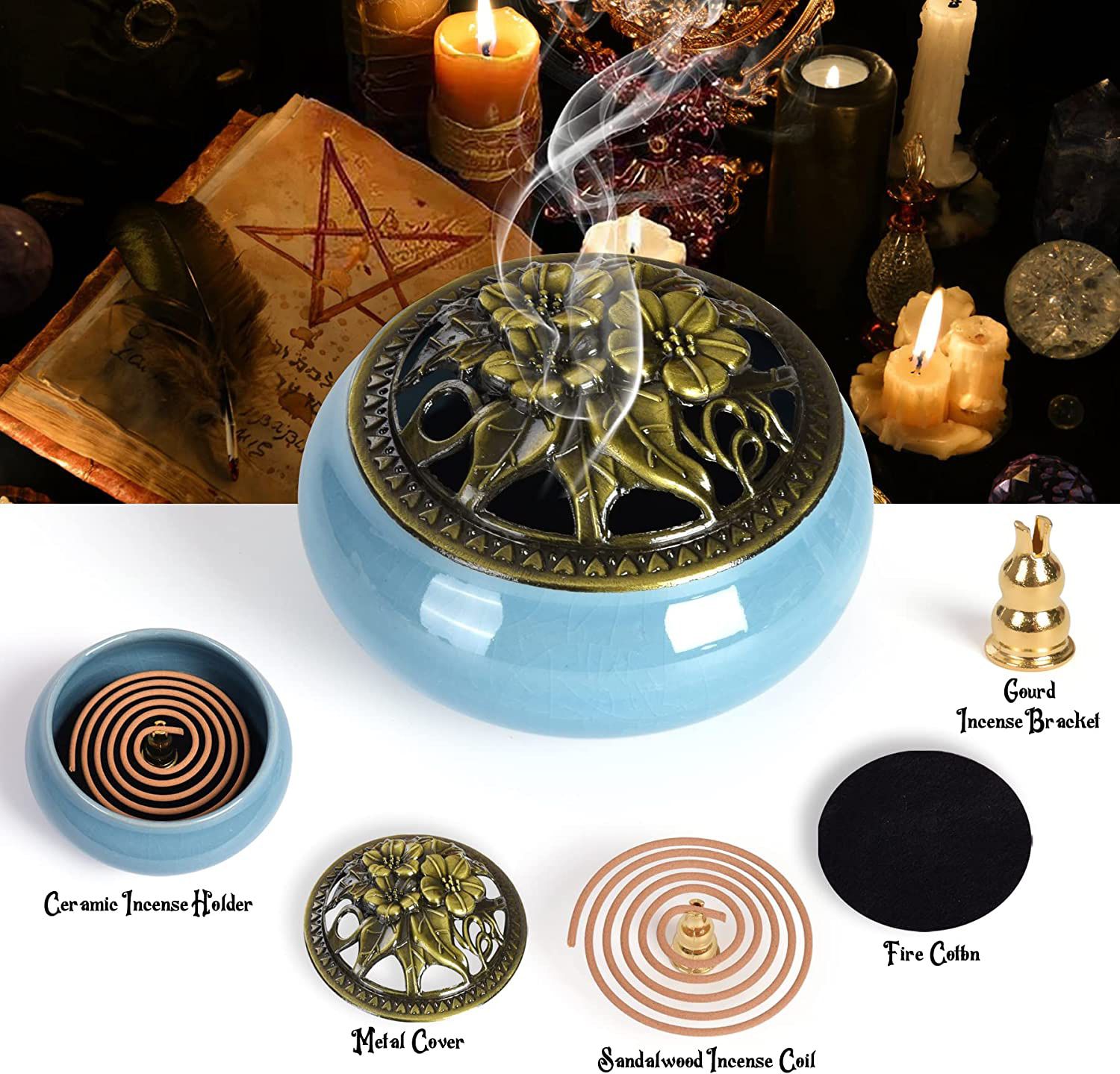 Dried Herbs for Witchcrafts with Ceramic Incense Burner,Witchcrafts Supplies Kits,Incense Holder for Sticks or Cone,Ruicnte Beginner Herb Witchcrafts 