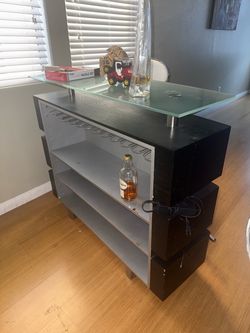 Modern Black Home Bar with Glass Top and Wine Rack w/ 2 Bar Stools
