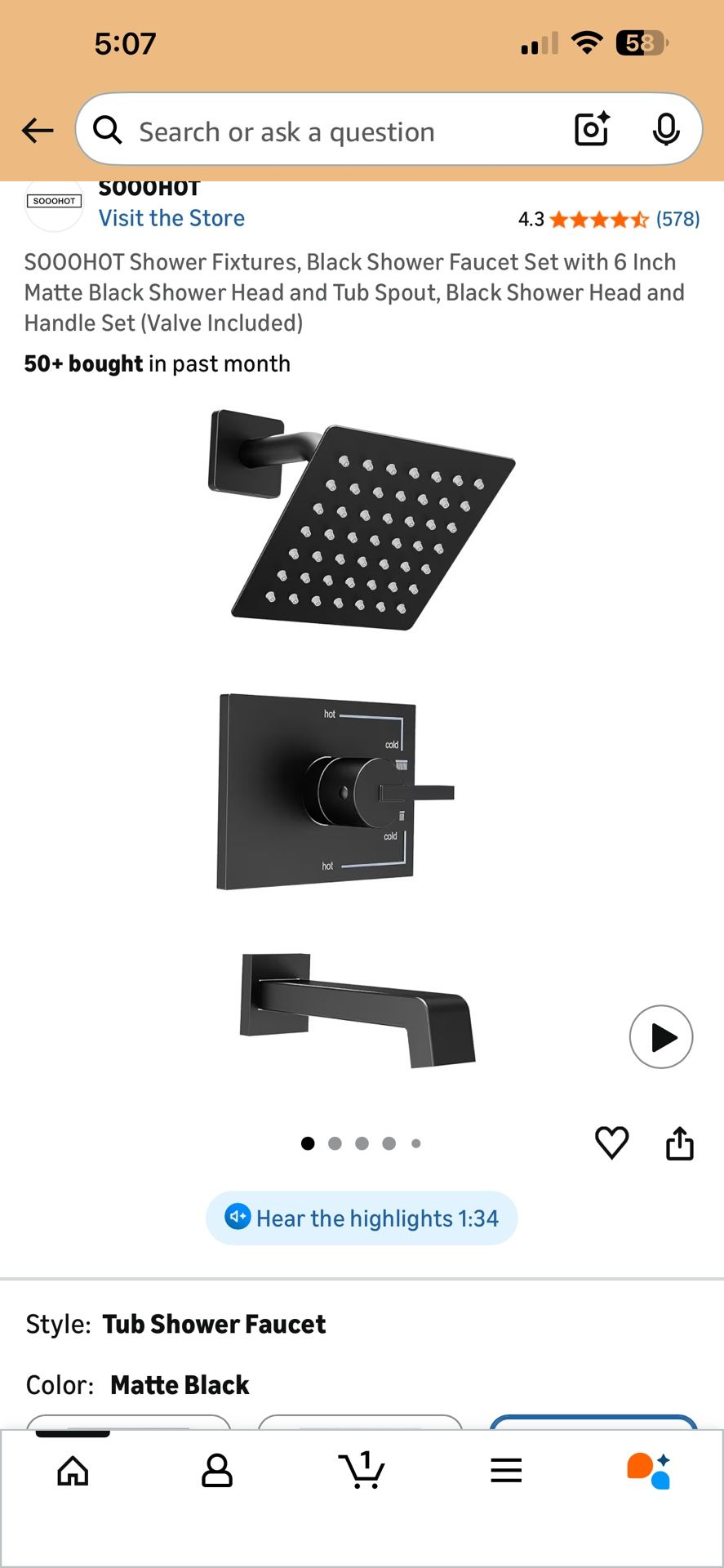 SOOOHOT Shower Fixtures, Black Shower Faucet Set with 6 Inch Matte Black Shower Head and Tub Spout, Black Shower Head and Handle Set (Valve Included)