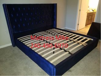 New special blue king bed frame velvet material platform bed frame