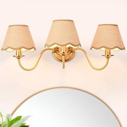 Boho Industrial 3-Light Bathroom Vanity Light with Boho Rattan Shades, Rustic Vanity