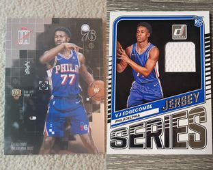 VJ Edgecombe 2025-26 Donruss Basketball Jersey Series Patch Rookie + VJ Edgecombe 2025-26 Topps Signature Class After Image Rookie