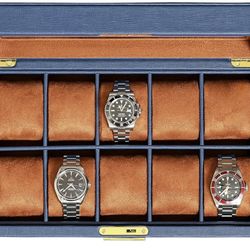 10 Slot Leather Watch Box - Luxury Case   Watch Display Case Holder with Large Glass Top - Box Organizer fo