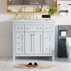 36” Light Blue Freestanding Bathroom Vanity w/ Storage Cabinets & Ceramic Sink [FAUCET NOT INCLUDED] [NEW] **Retails for $500 <Assembly Required>