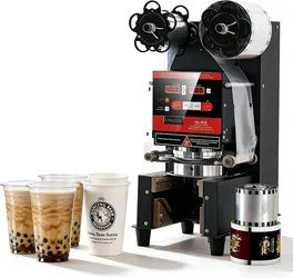 Cup Sealing Machine Full Automatic Electric Cup Sealer 500-600 Cups/H for 90/95mm Bubble Boba Milk Tea Coffee Cups with LCD Control Panel - Black