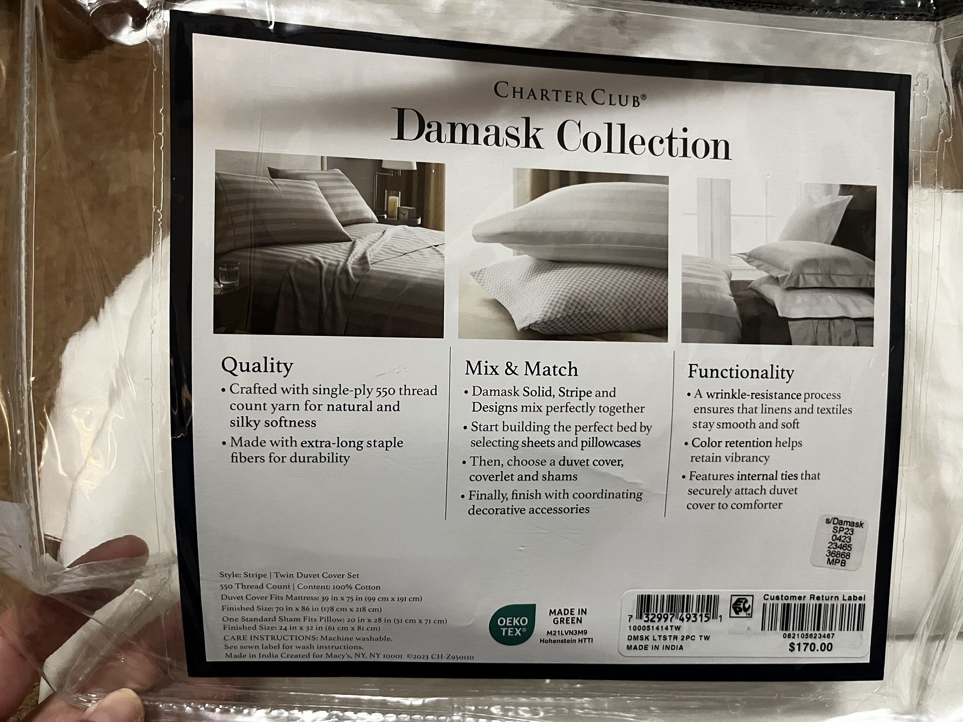NEW. Charter Club Damask Collection Twin Duvet Cover And Pillow Case