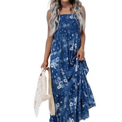 Ces Femme Small Blue Paisley Floral Maxi Halter Sundress Y2K Boho