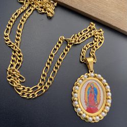 Gold Over Stainless Steel Virgin Of Guadalupe Necklace Religious Colorful 