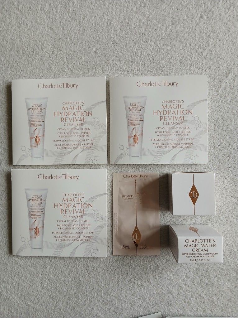 6 Pieces Award Winning Charlotte Tilbury Magic Hydration Water Cream + Revival Cleanser + Beauty Glow Primer