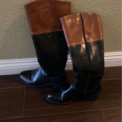 Franco Sarto Chipper Black Leather/Brown Wide Calf Tall Riding Flat Comfort Boot (Black/Brown, 7.5)