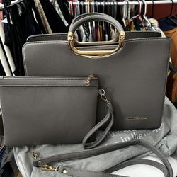 Grey Computer Bag W Red And Gold Accent/hardware