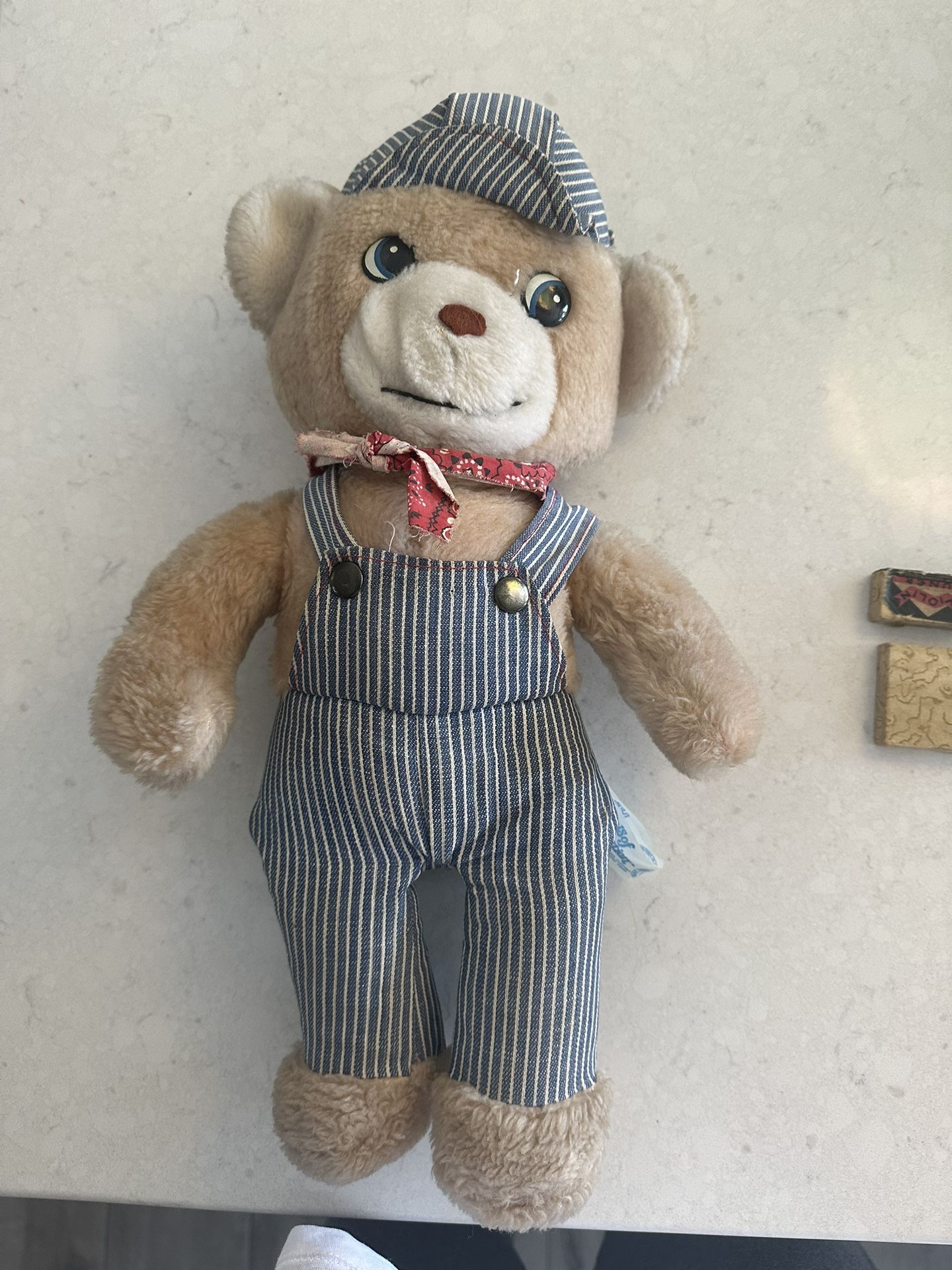 Vintage Knickerbocker, animals of distinction, teddy bear, train conductor overalls