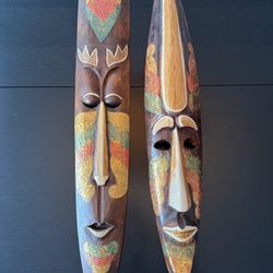 Set of 2 Hand-Carved Wooden Tribal Masks  - Wall Art