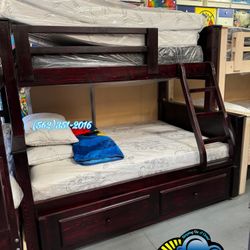 Twin Full Bunk Bed Cherry With Mattresses Trundle New Cama