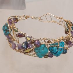 Nordstrom Gold Wire Genuine Turquoise & Pearls& Crystals Bracelet