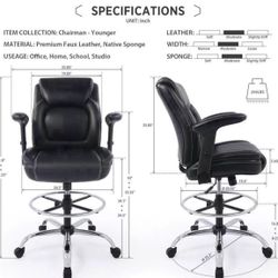Ergonomic Mid-Back Leather Adjustable Drafting Chair with Multi-Function Arms and Foot Ring, Standing-Desk Matched Tall Swivel Computer Office Stool, 